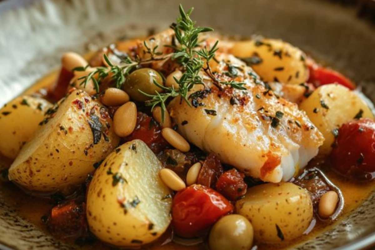 Stoccafisso accomodato alla ligure con patate, olive e pinoli