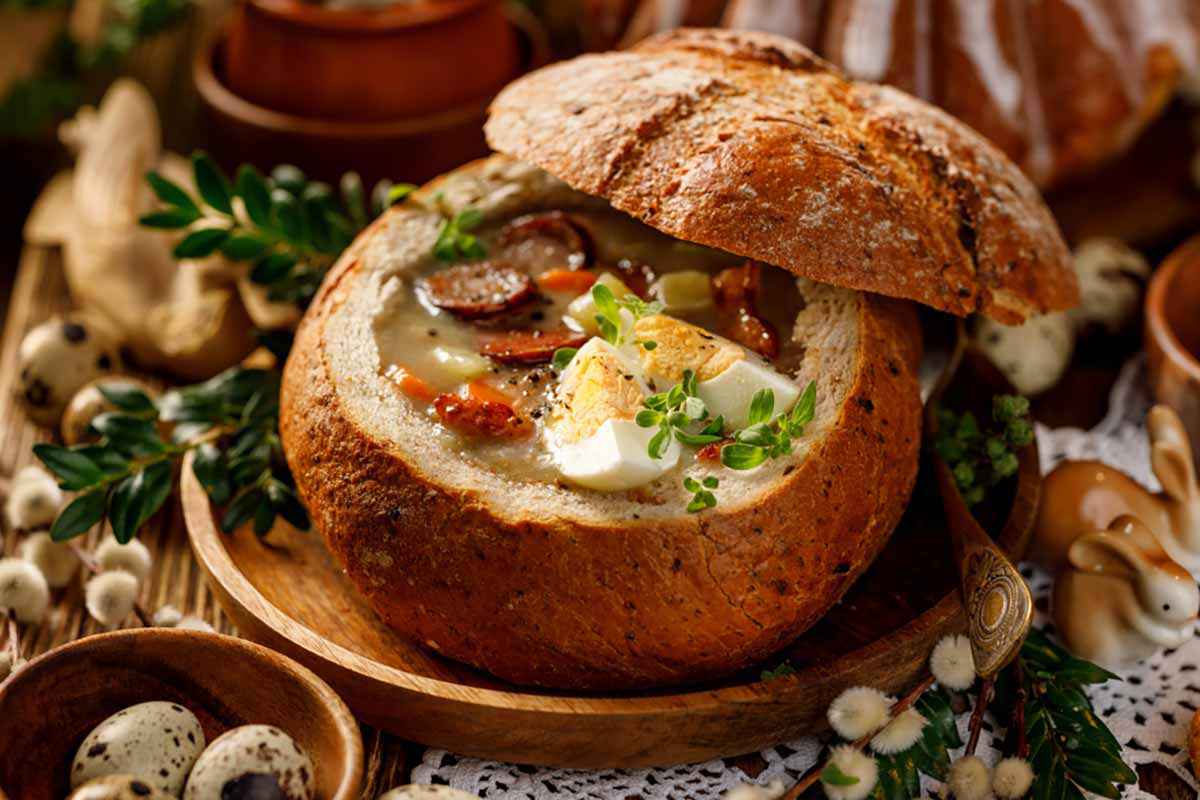 zuppa di verdure e uovo in cestino di pane