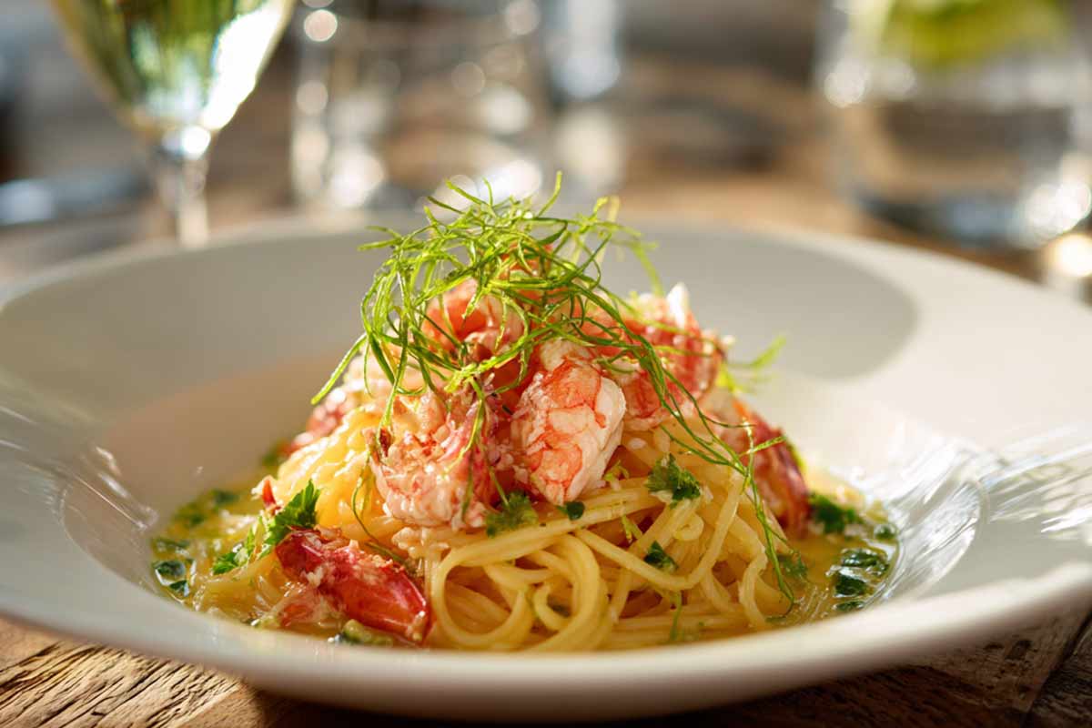 Spaghetti alla chitarra con gamberi e lime in un piatto