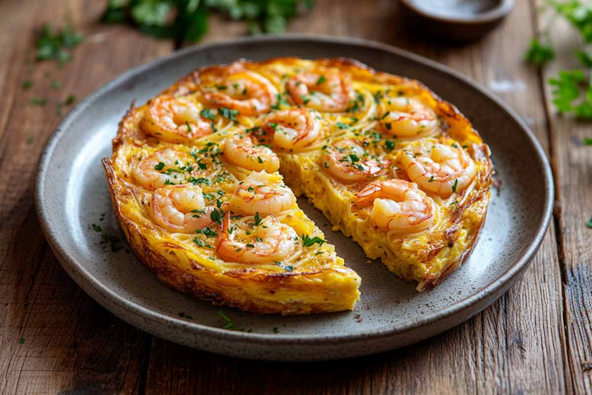 Frittata di tagliolini e gamberetti in un piatto