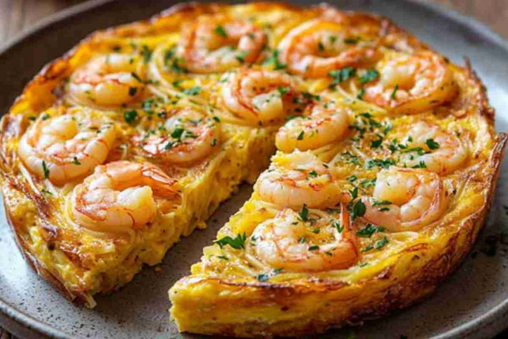 Frittata tagliolini e gamberetti in un piatto