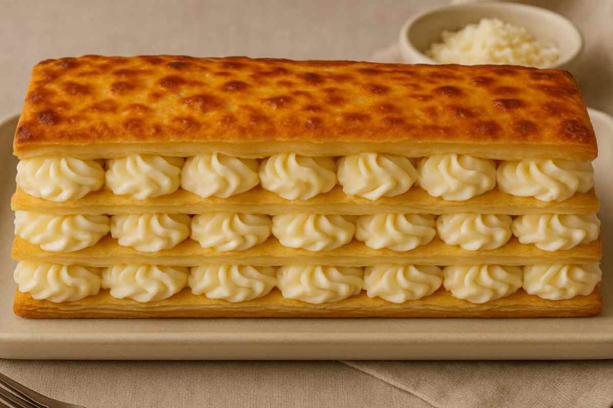 un vassoio con la millefoglie al formaggio sul tavolo