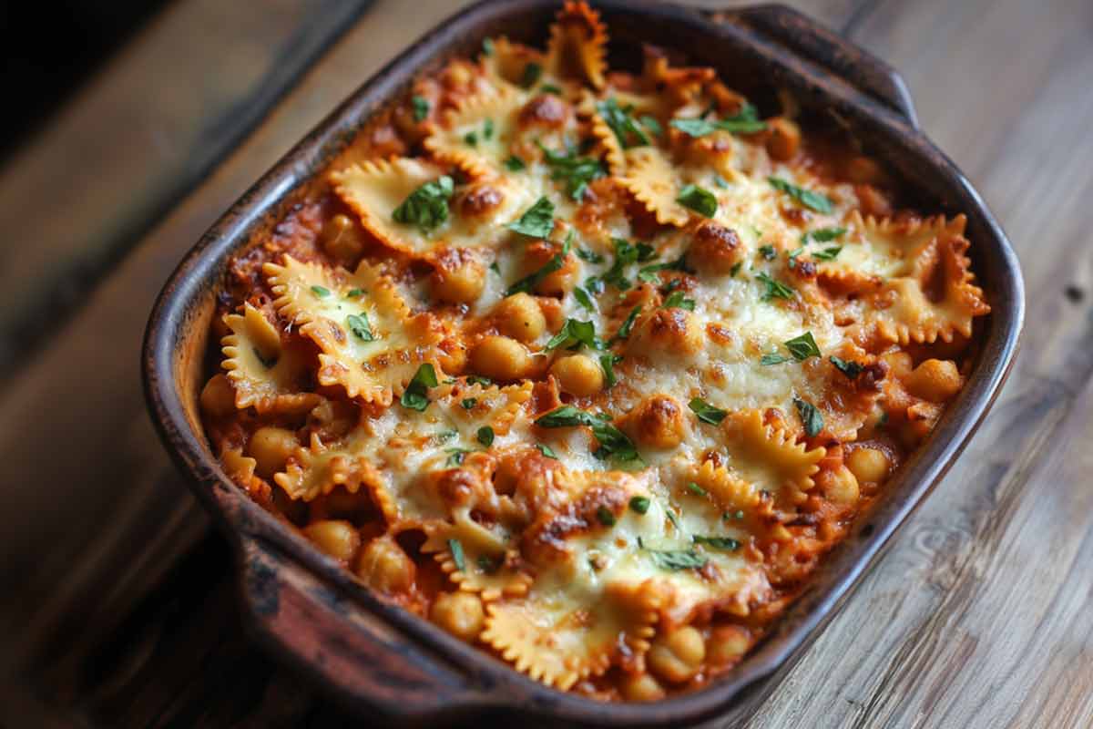 una teglia di Farfalle con ceci e mozzarella al forno