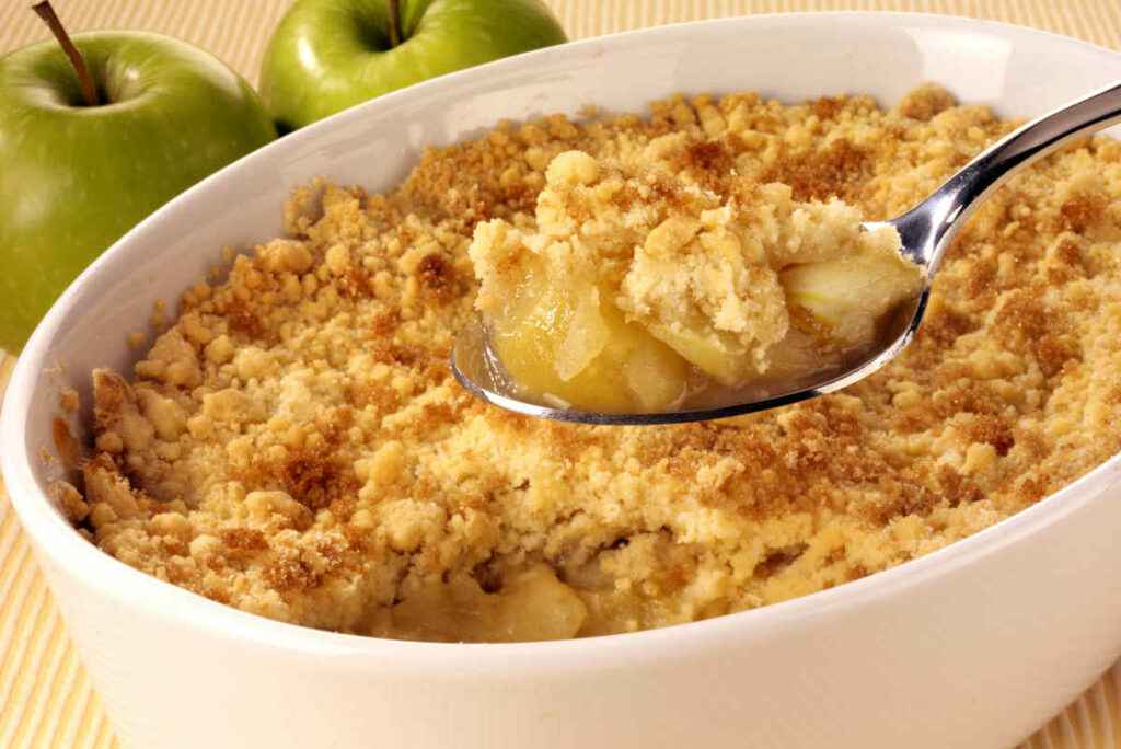 baking dish with apple crumble or apple crumble