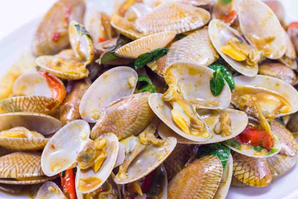 vongole aperte e condite in un piatto