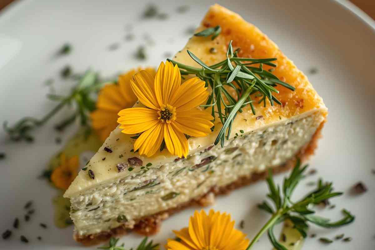 fetta di Cheesecake salata ai fiori di zucca