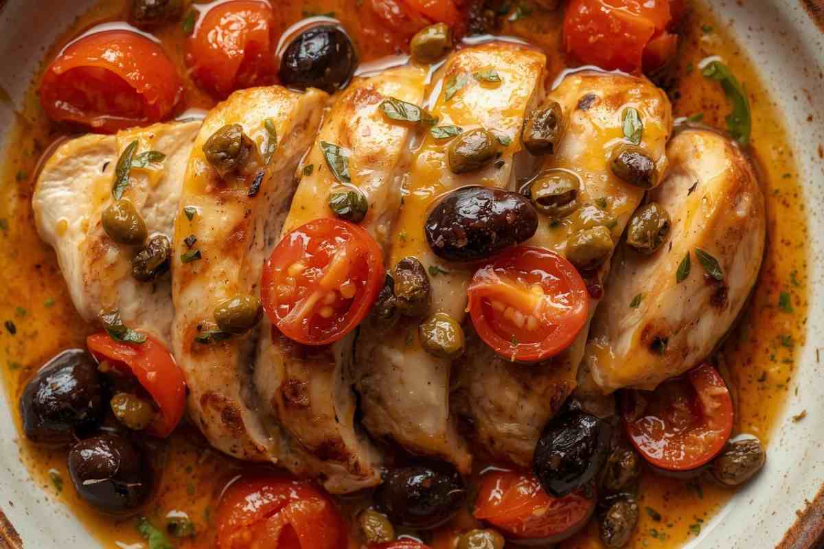 petto di pollo alla siciliana con pomodorini, olive e capperi in un piatto visto dall'alto