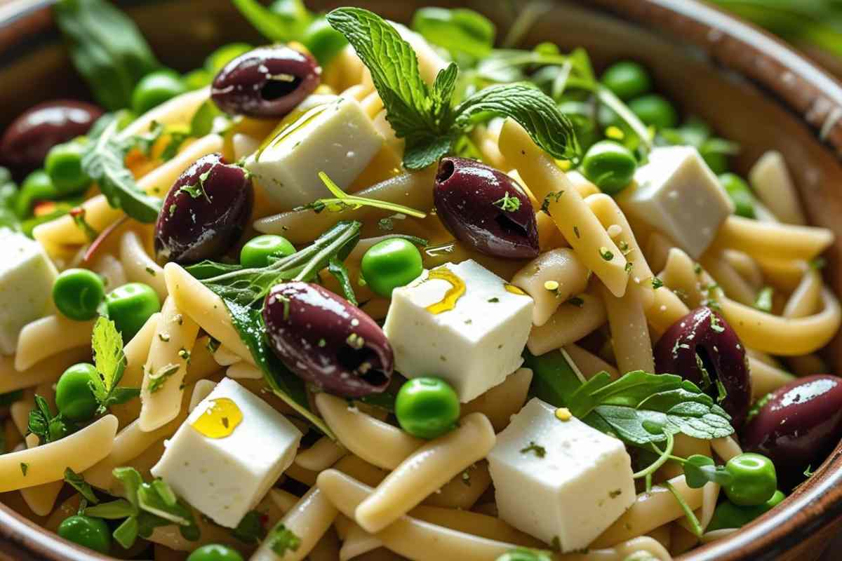 Piatto di pasta fredda con menta feta rucola e olive visto da vicino