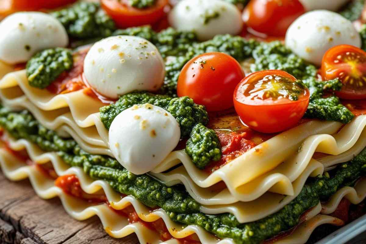 piatto con sfoglie di lasagne estive farcite con mozzarella, pomodorini e pesto