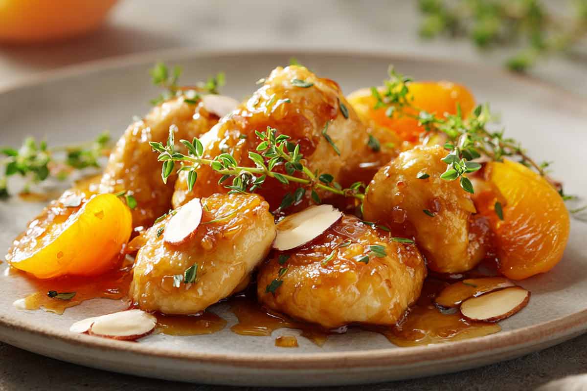 piatto con pezzi di pollo con le albicocche e le mandorle in agrodolce