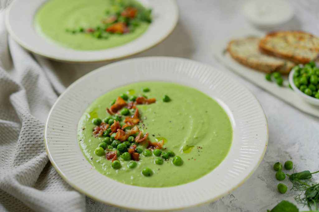 vellutata di piselli e patate con pancetta