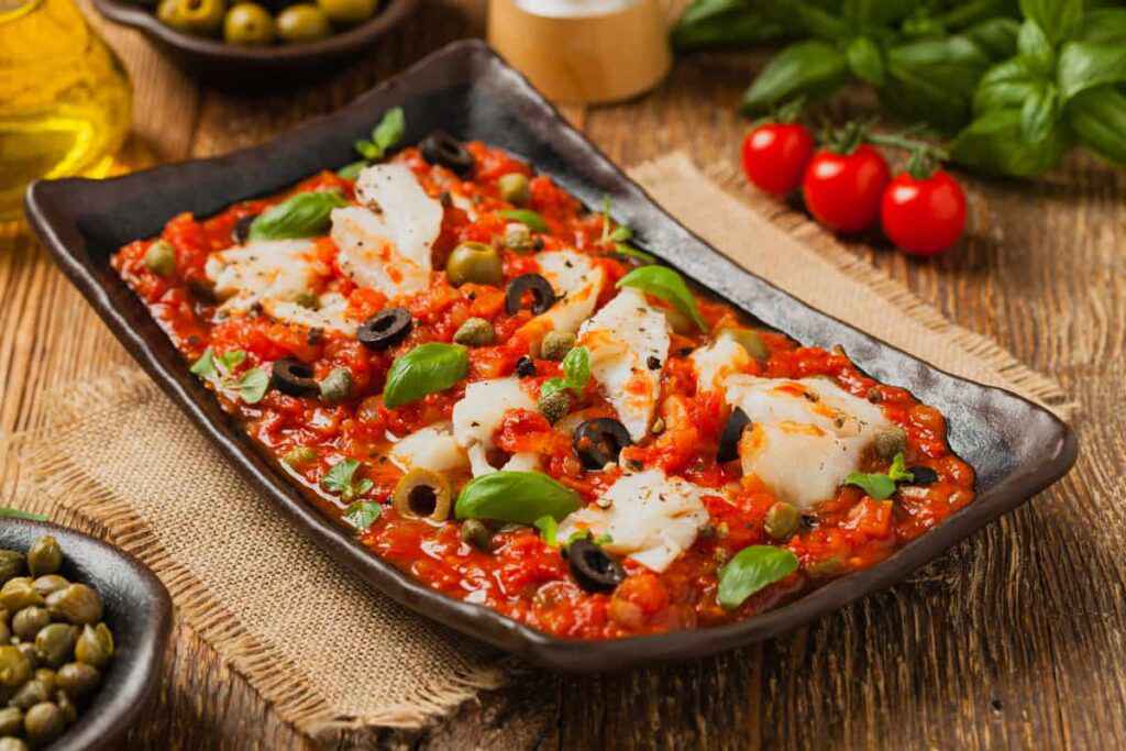 Baccalà alla siciliana con pomodori, olive e capperi