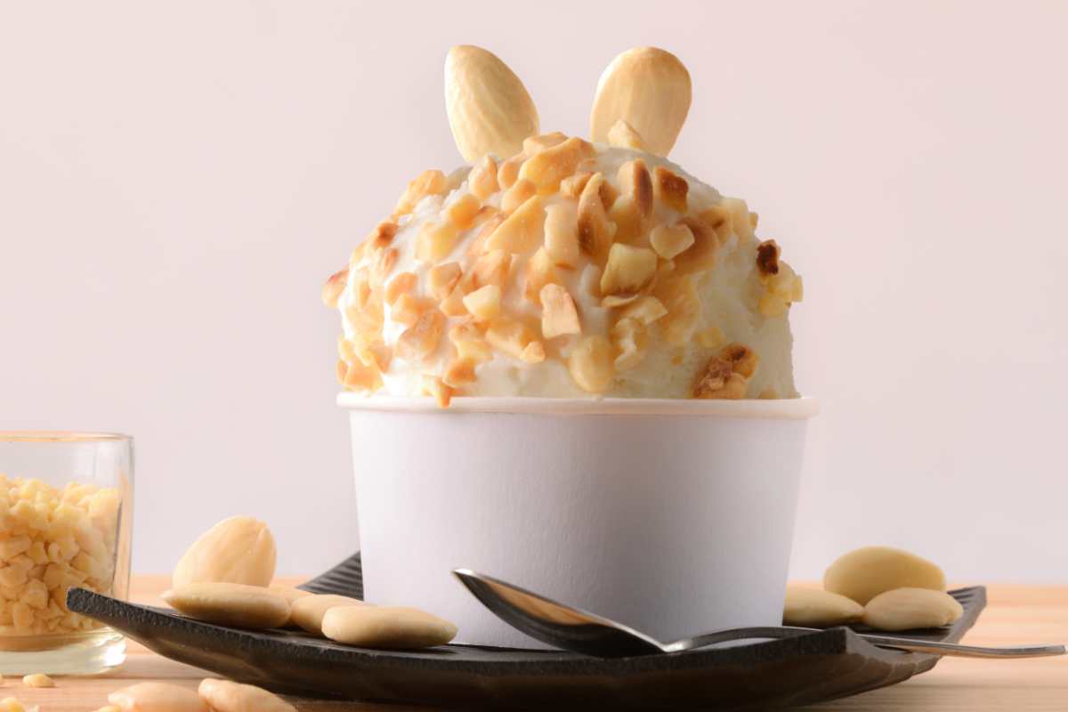 coppetta con gelato fatto con il latte di mandorla e decorato con granella di mandorle