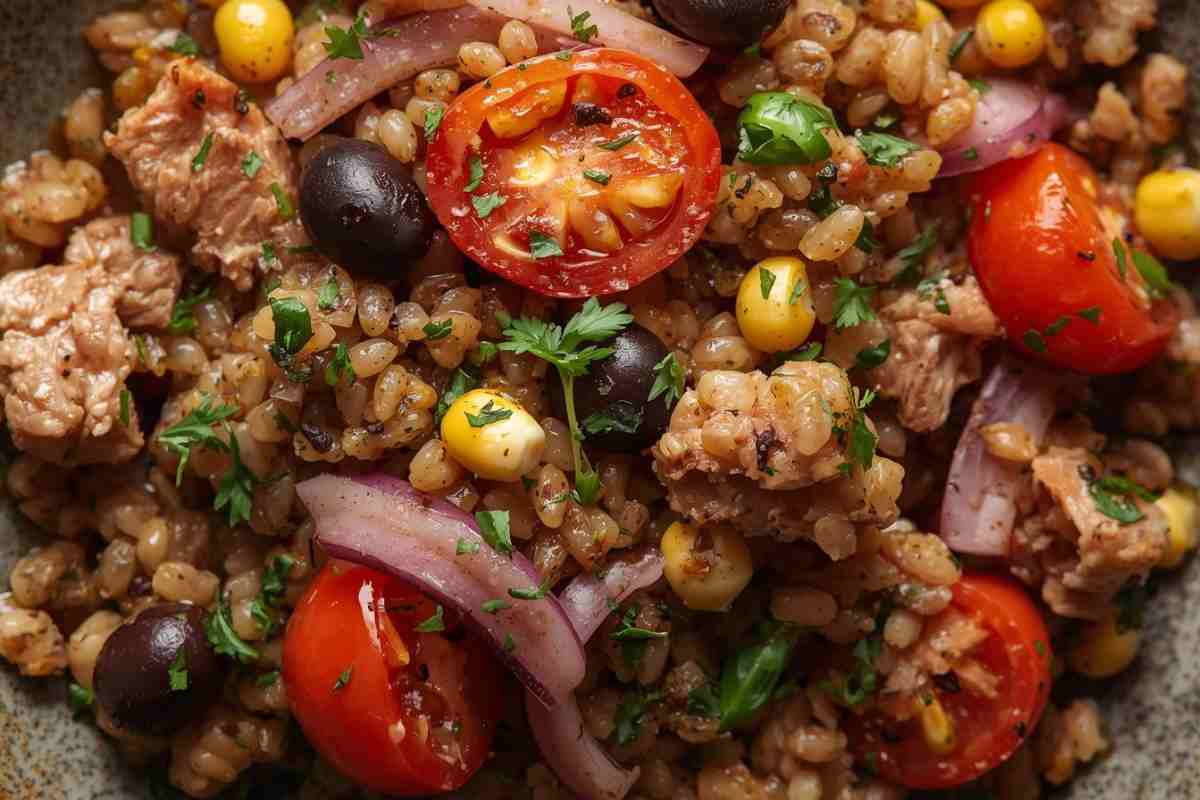 piatto di insalata di farro con tonno visto dall'alto
