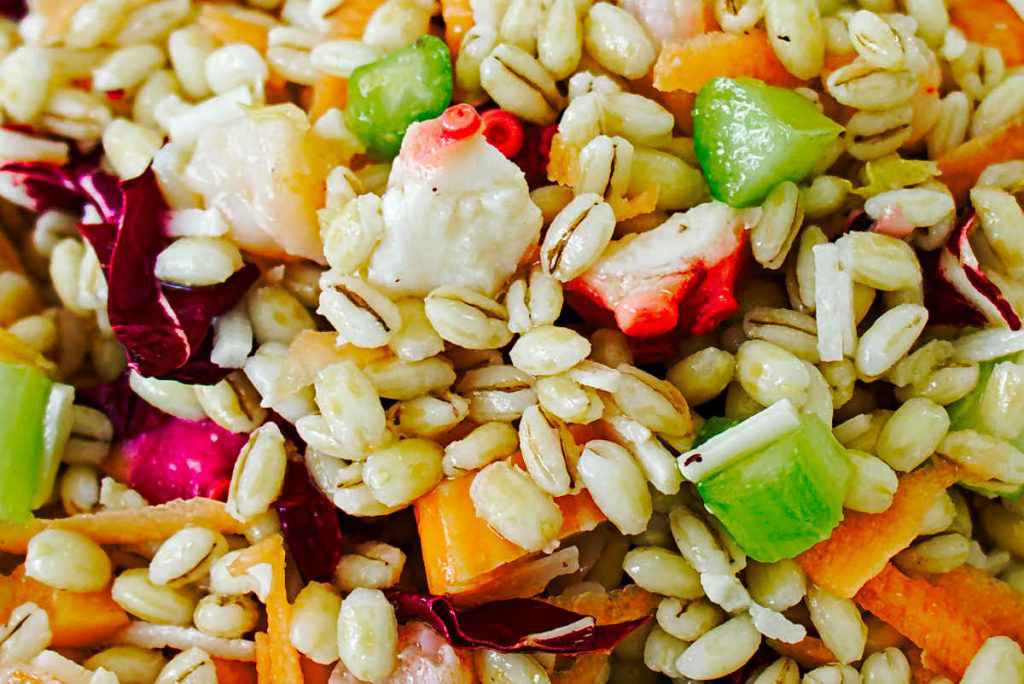 primo piano di insalata di farro e polpo