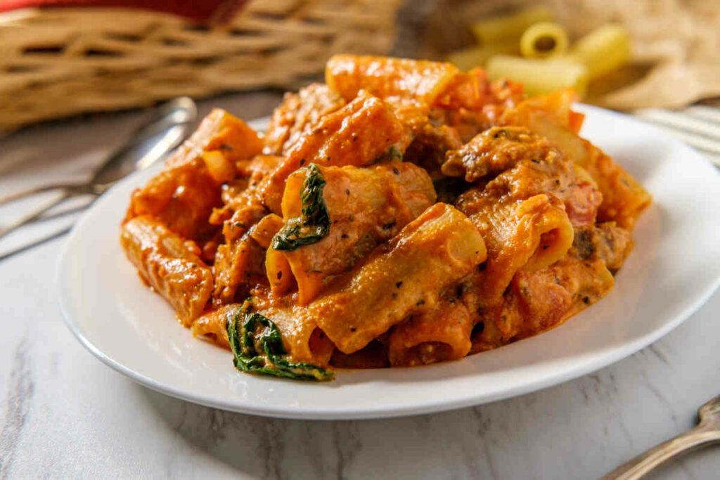 piatto fondo bianco con porzione di pasta al pomodoro con ricotta e salsiccia