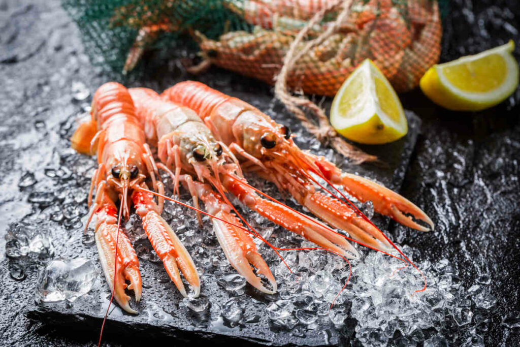 vassoio di ardesia con scampi crudi e spicchi di limone