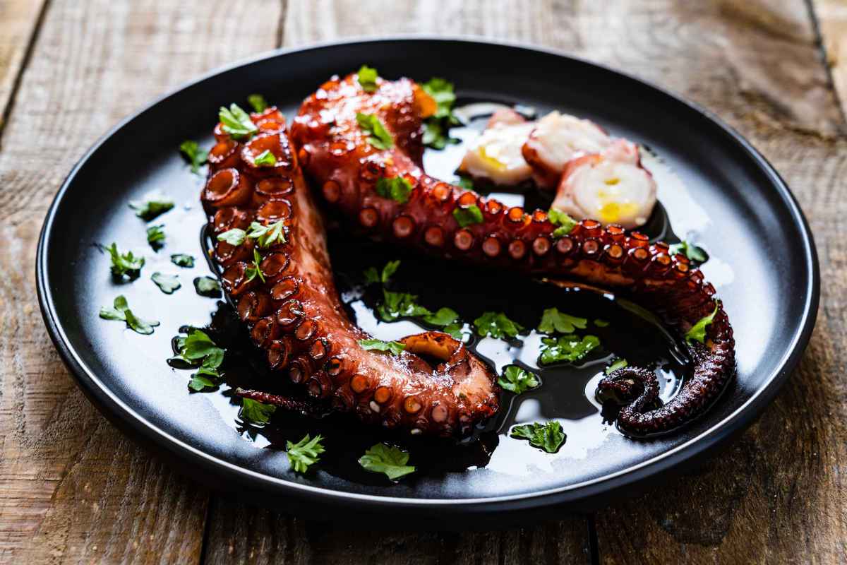 piatto nero con antipasti di polpo