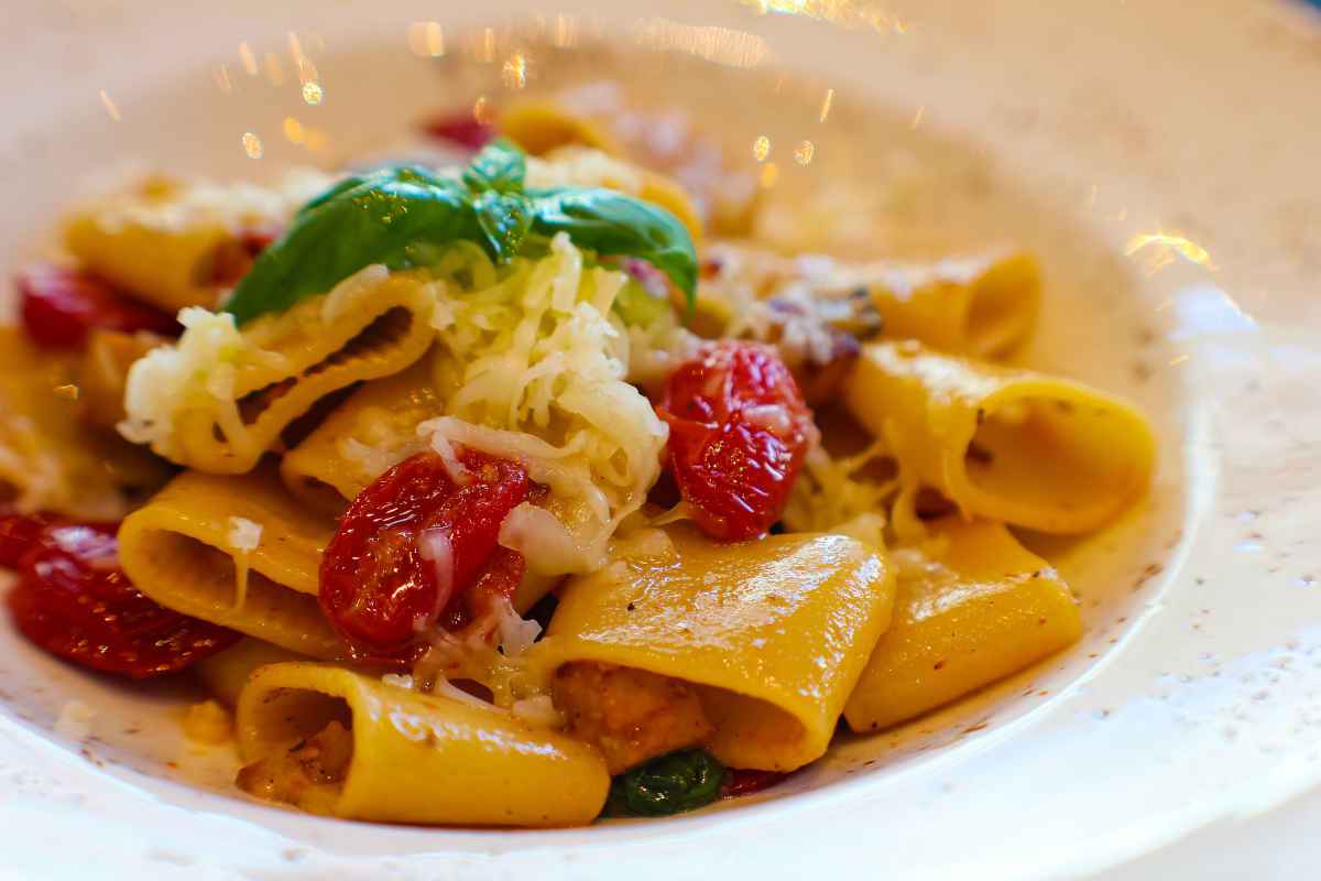 piatto di paccheri fumanti conditi con pomodorini e formaggio