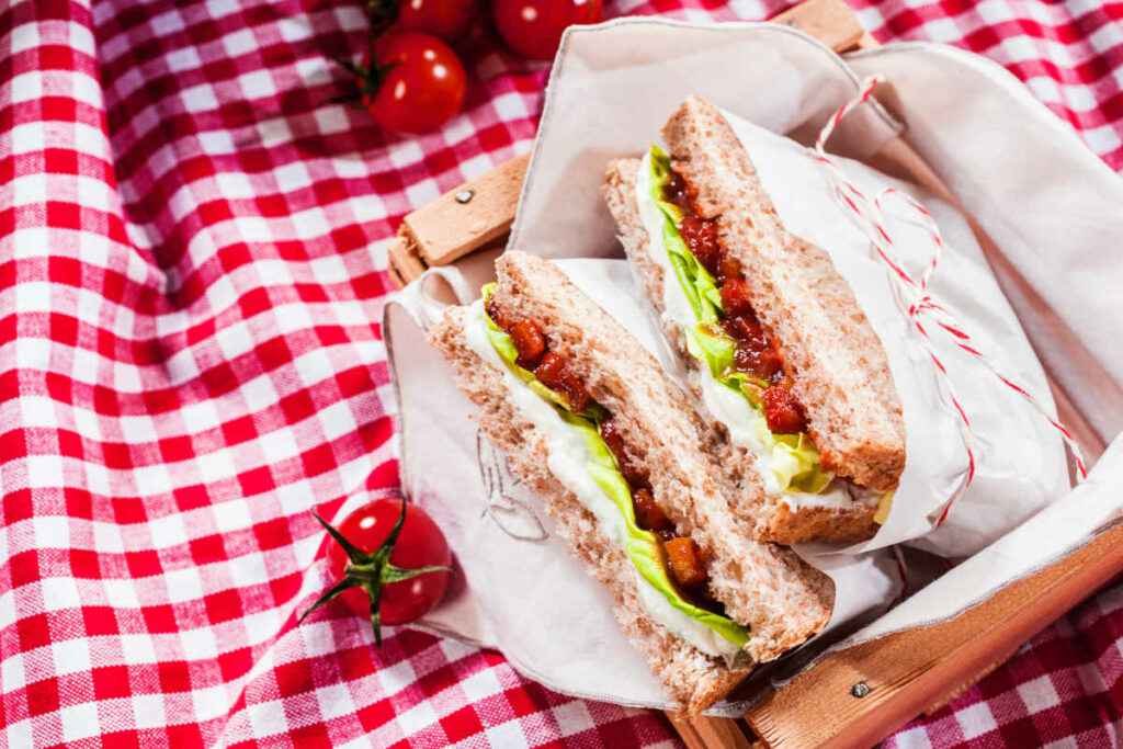 due sandwich all'avocado su una tovaglia a quadri da picnic per il pic nic estivo in montagna