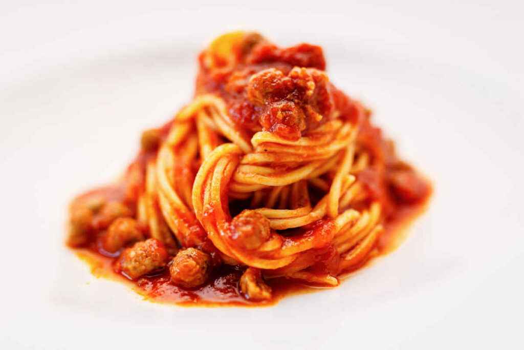 piatto di spaghetti alla chitarra con sugo di pomodoro e polpettine