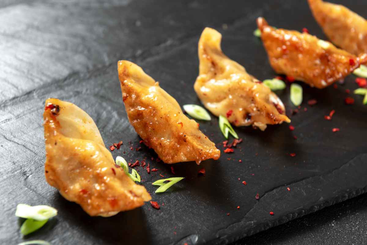 vassoio di ardesia con jiaozi alla salsa di soia