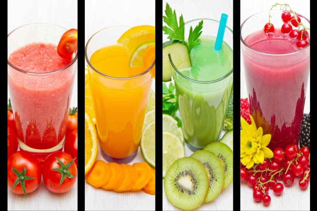 bicchieri con diversi tipi di centrifugati di frutta e verdura
