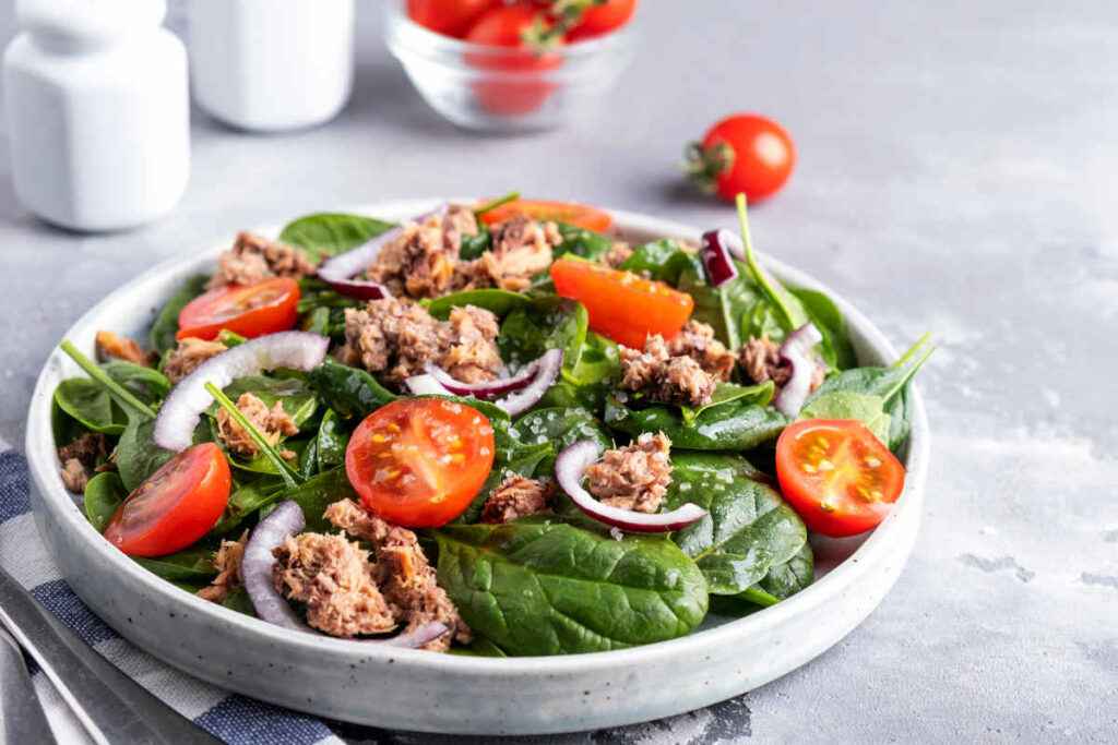 piatto con insalata fit al tonno e spinaci con pomodori e cipolla rossa per ricette leggere