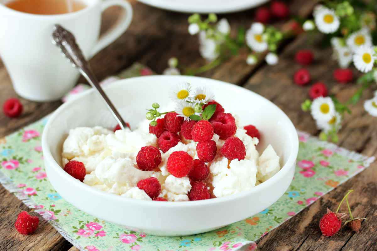 ciotola con dessert di ricotta al miele e more