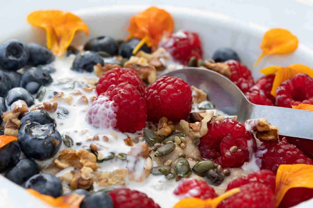 tazza con porridge ai lamponi e mirtilli