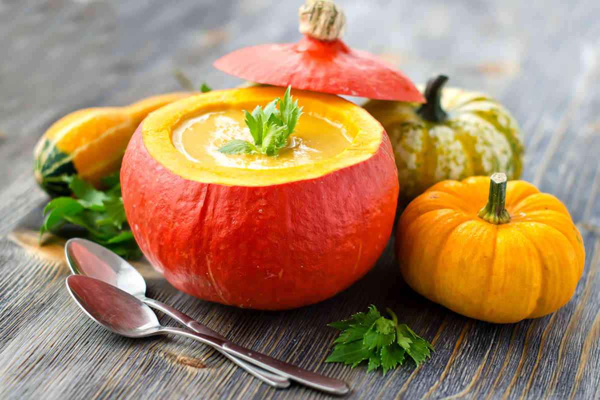 creme vellutate autunnali di zucca in guscio di zucca