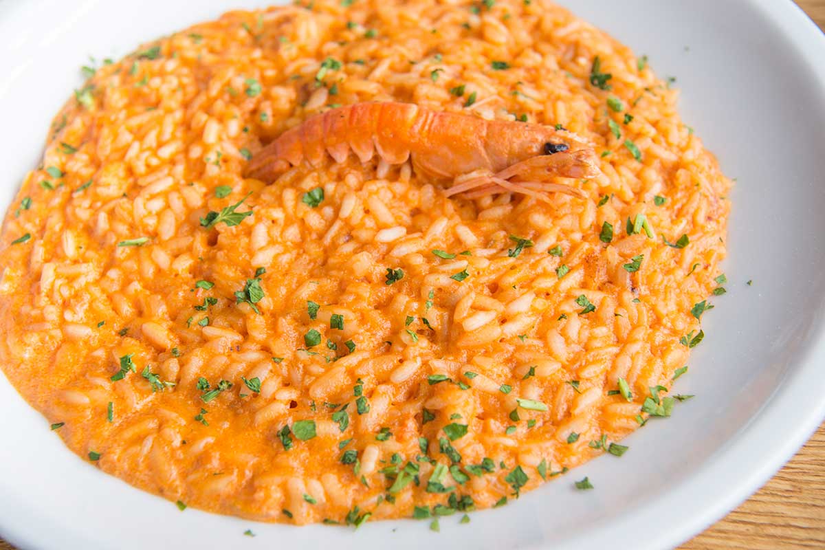 Piatto bianco con all'interno un risotto alla crema di scampi vellutato e saporito