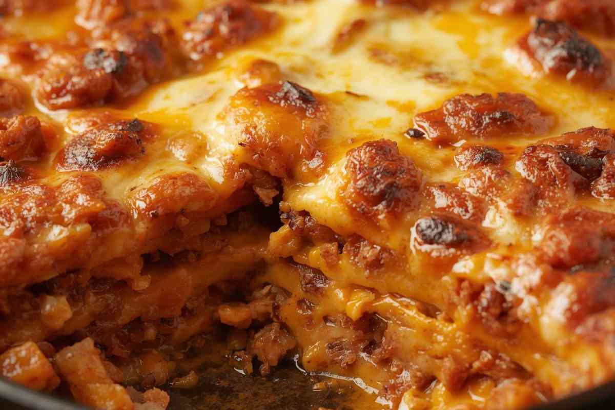 primo piano delle lasagne zucca e salsiccia a cui manca una fetta