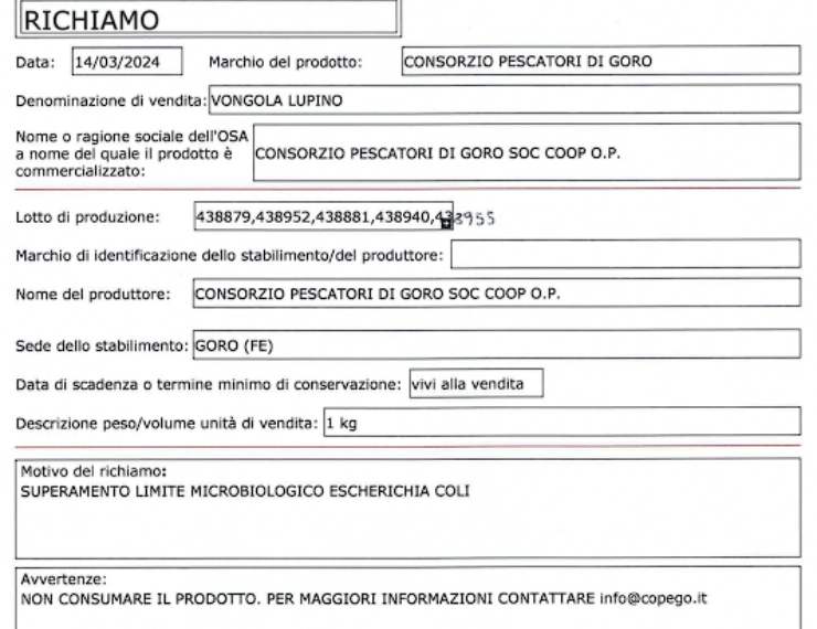 Richiamato un lotto di vongole a causa di parassiti