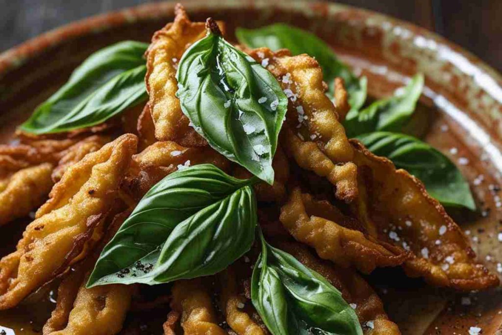 Basilico fritto in pastella in un piatto