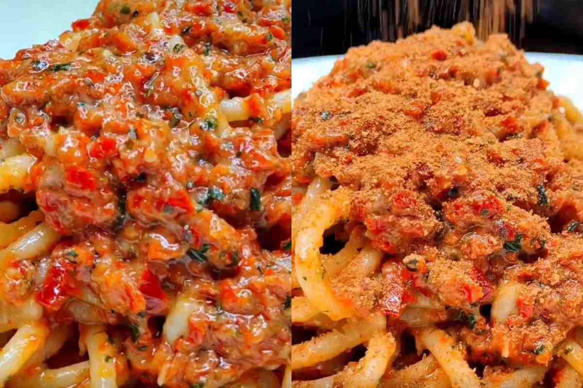 piatto con spaghetti con il capuliato con e senza muddica atturrata