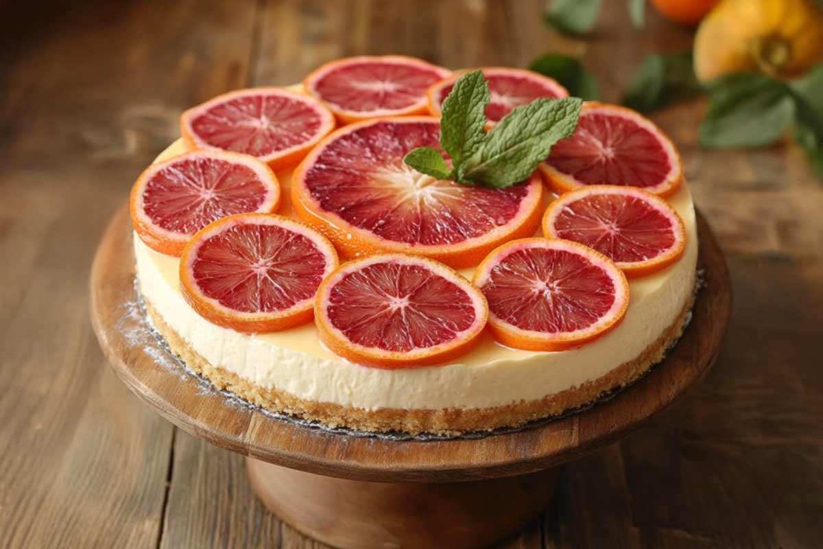 Primo piano di una cheesecake con arance sanguinelle su tavolo di legno