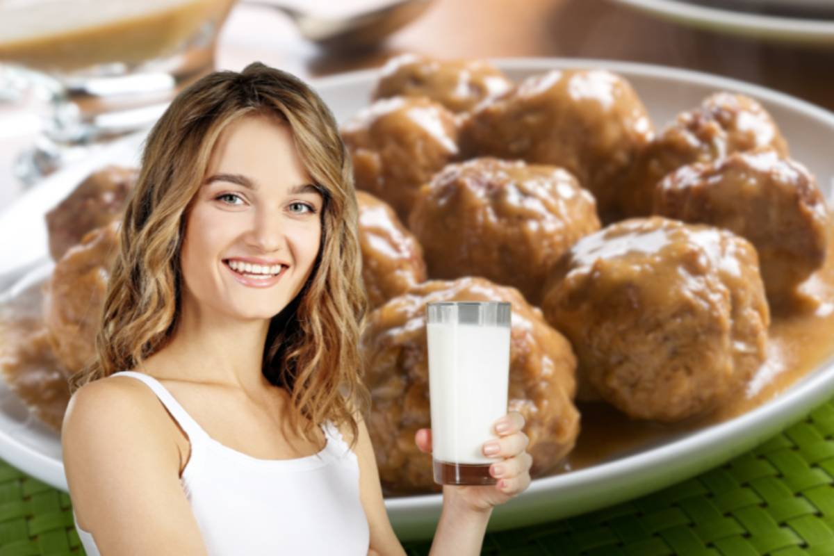 donna con bicchiere di latte e polpette sullo sfondo