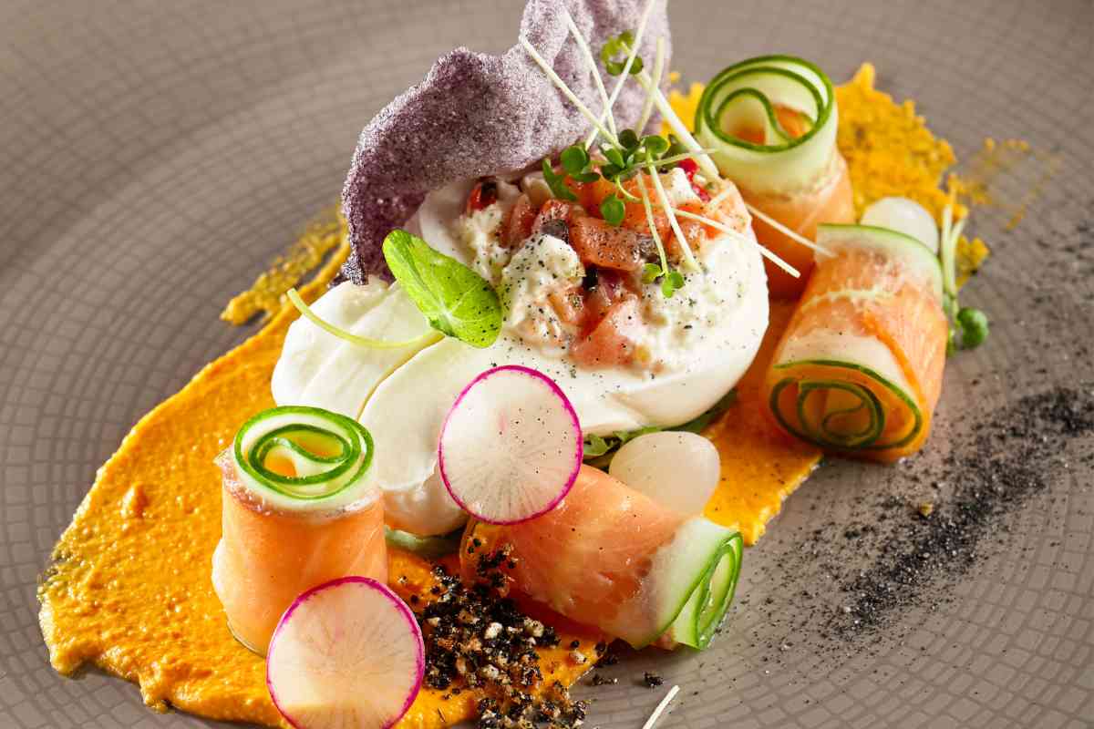 piatto con burrata, involtini di salmone e zucchine, fettine di radicchio e salsa olandese