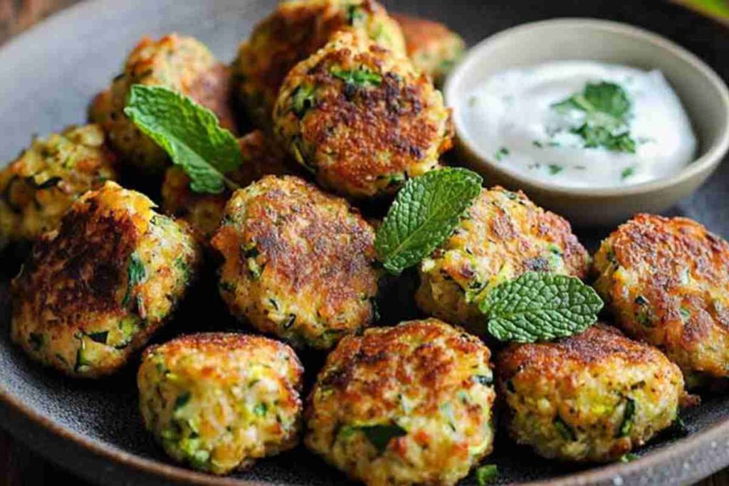 Polpette zucchine e menta in un piatto con una ciotolina di salsa allo yogurt