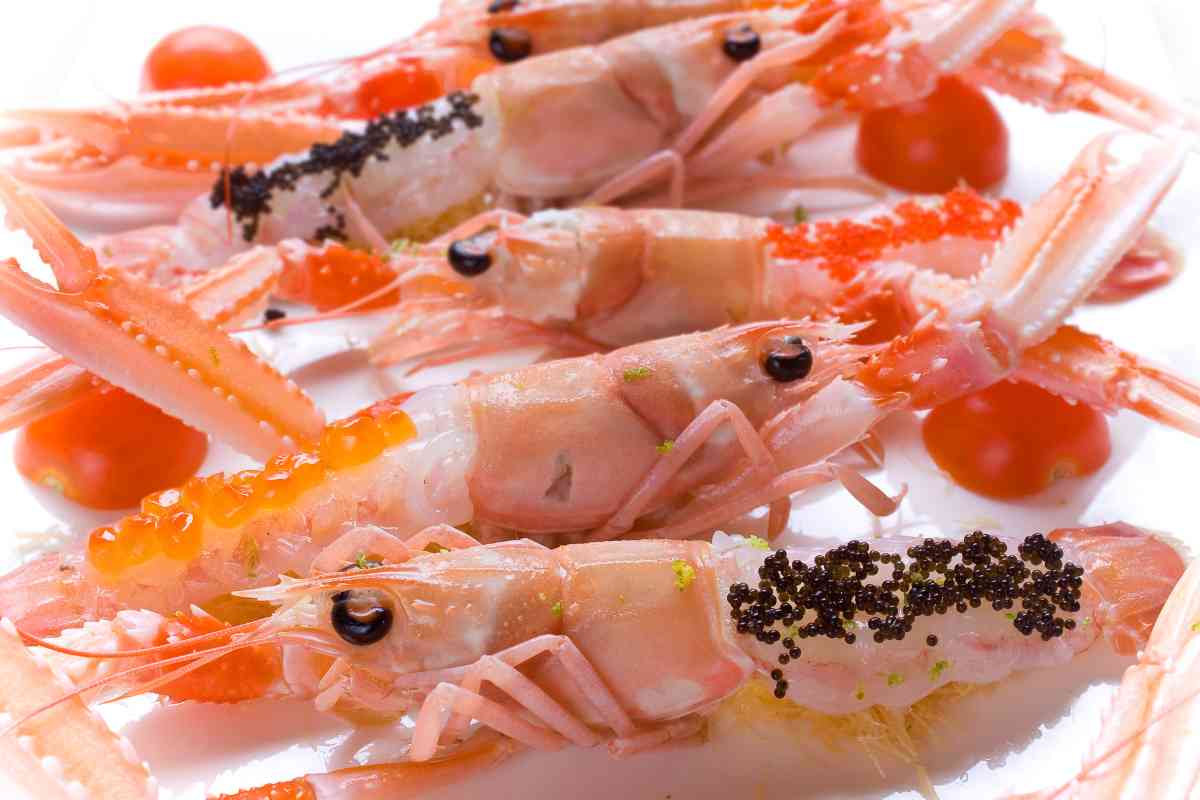 piatto con scampi crudi e decorazioni di uova di lompo
