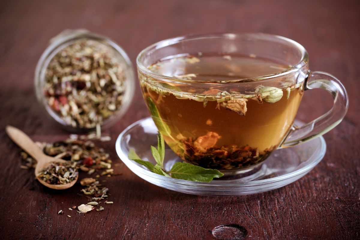 Tisana in una tazza ed erbe