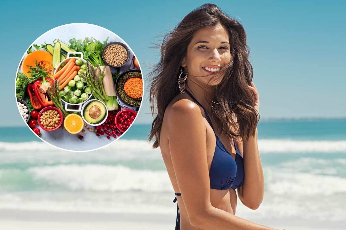 ragazza in costume al mare ed alimenti nel riquadro