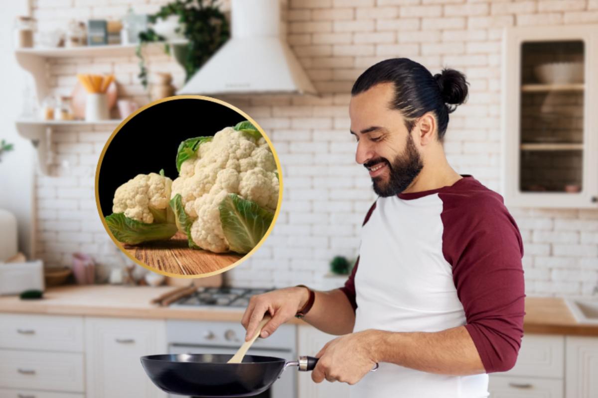 uomo con padella e miniatura di cavolfiore