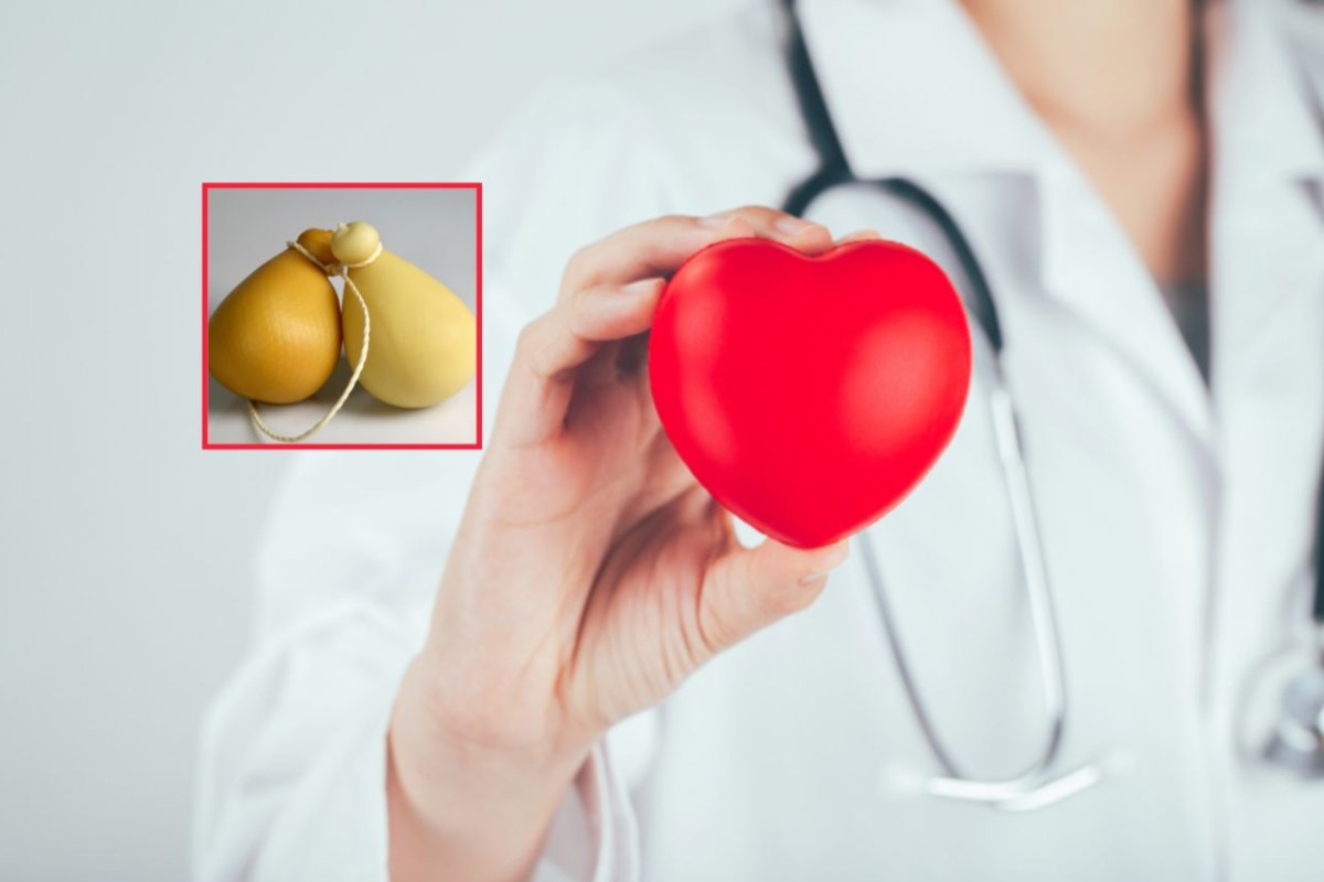 medico con in mano un cuore in miniatura e formaggi nel riquadro