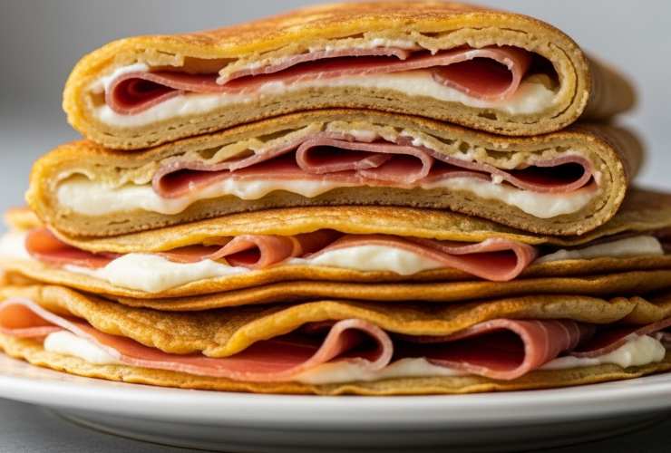 crepes di ceci impilate con ripieno di prosciutto e formaggio