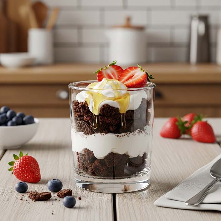 bicchiere con yogurt, miele e biscotti