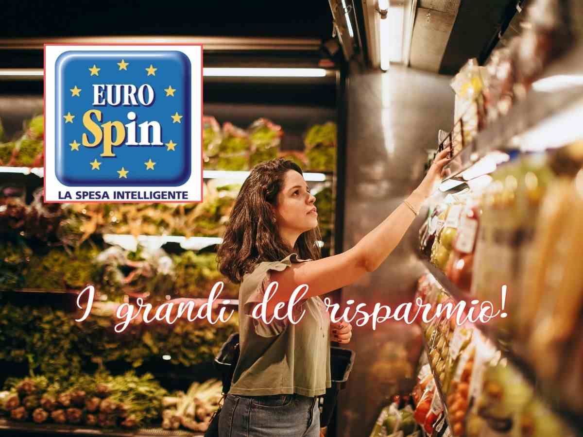 donna al supermercato e logo eurospin