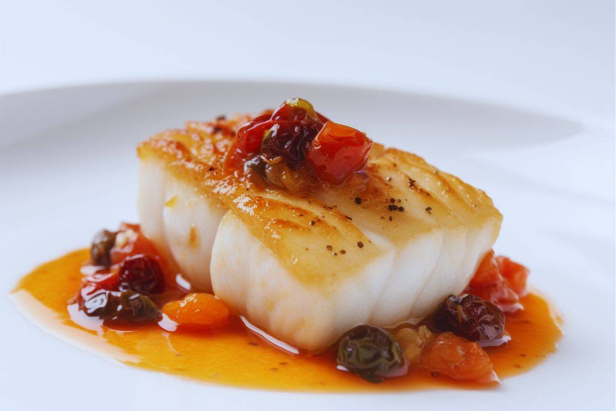 un filetto di merluzzo con sugo e olive