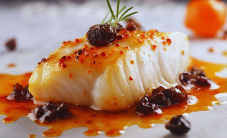 un filetto di merluzzo con olive e sugo
